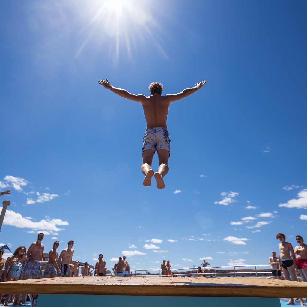 AI photo of a man mid-jump into pool, arms extended in a V.